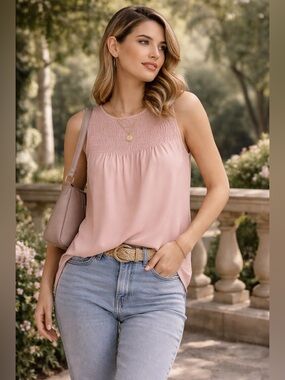 BLOUSOLOGY Blush Pink Smocked Yoke Sleeveless Blouse Keyhole Back Feminine Sz S